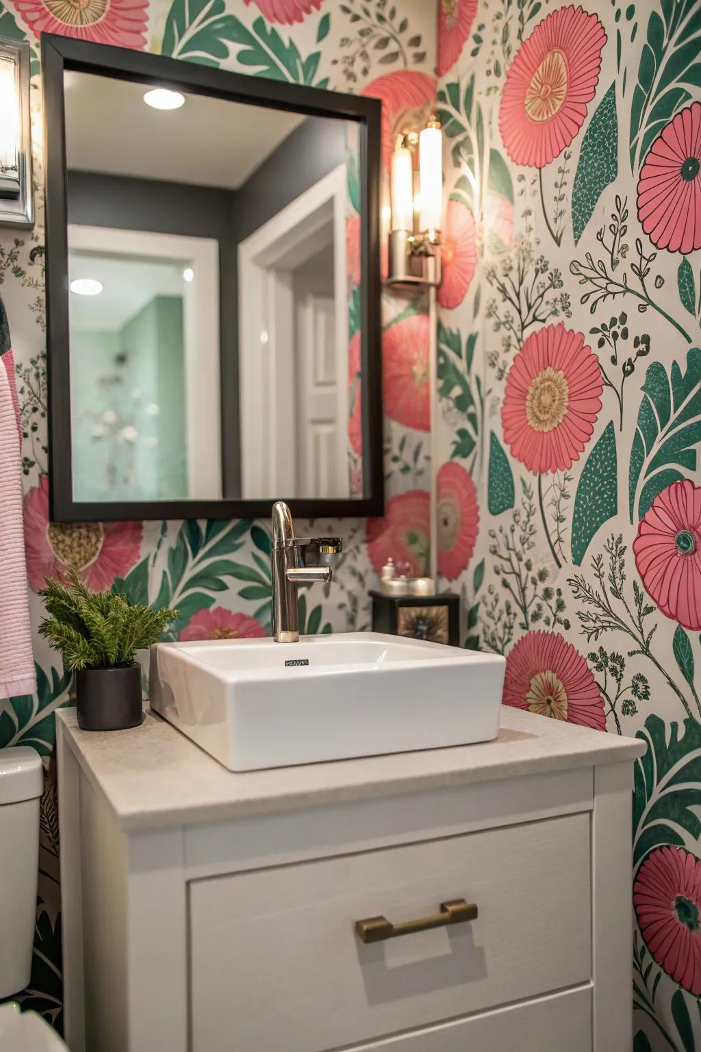 A vibrant floral wall covering elevates the charm of this powder room.
