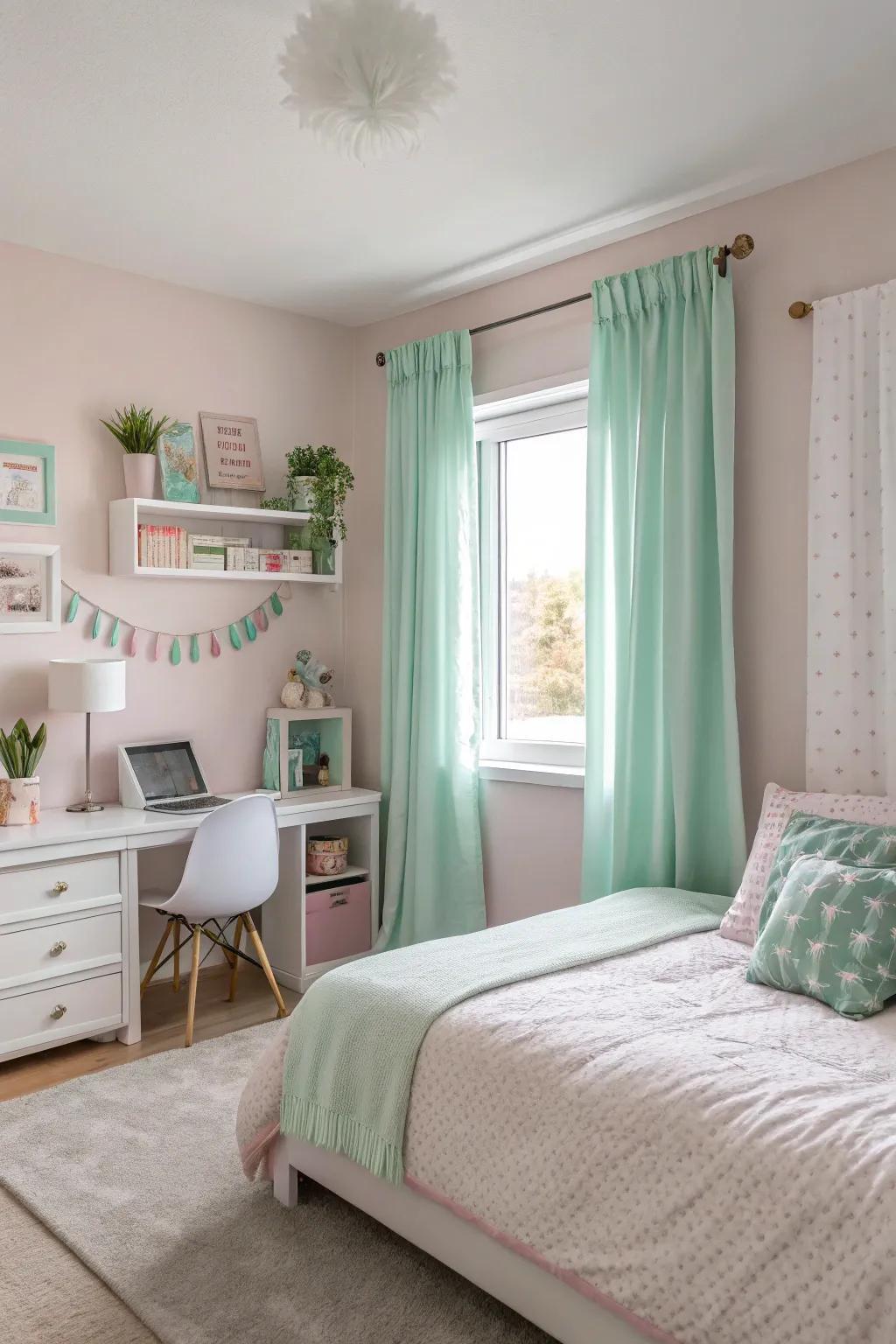 Soft and neutral palettes establish a tranquil and stylish ambiance in a girl's bedroom.