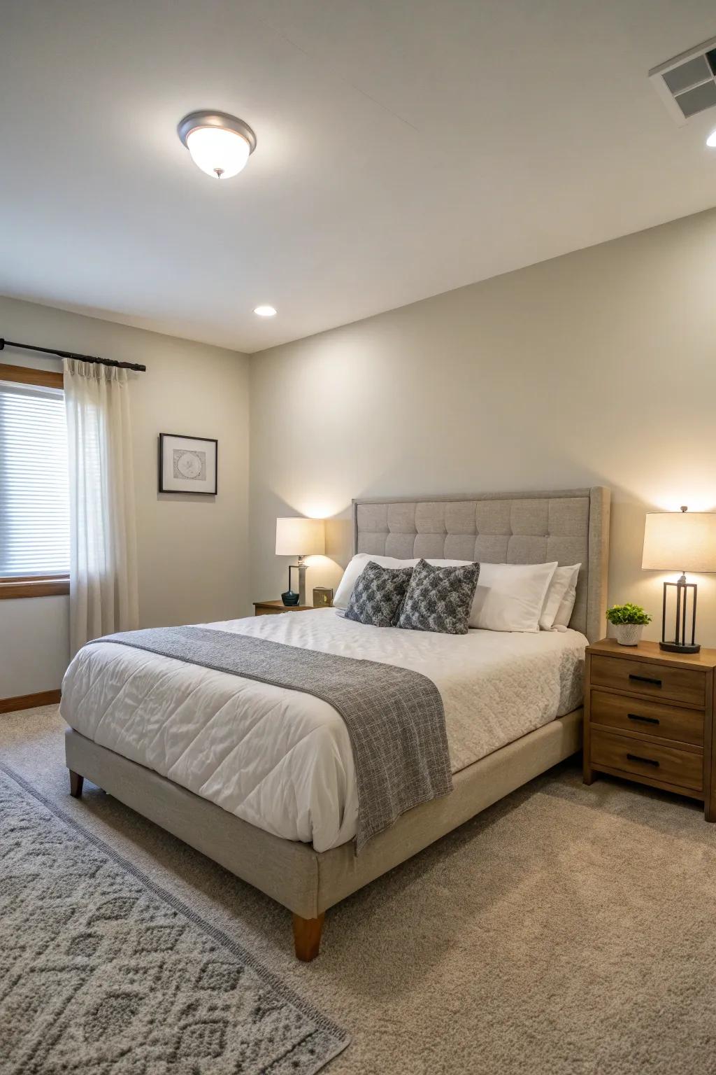 With a queen-size bed as the central focus, harmony and movement are created.
