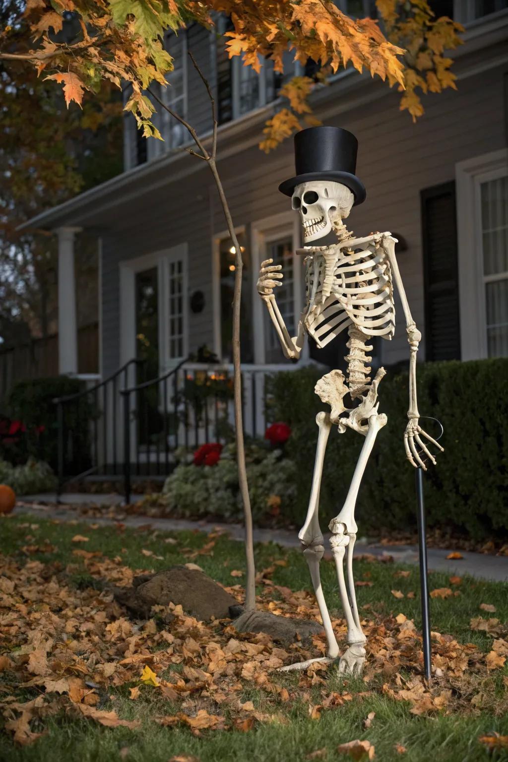 A formal skeleton with a fancy hat and walking stick adds an air of playfulness.