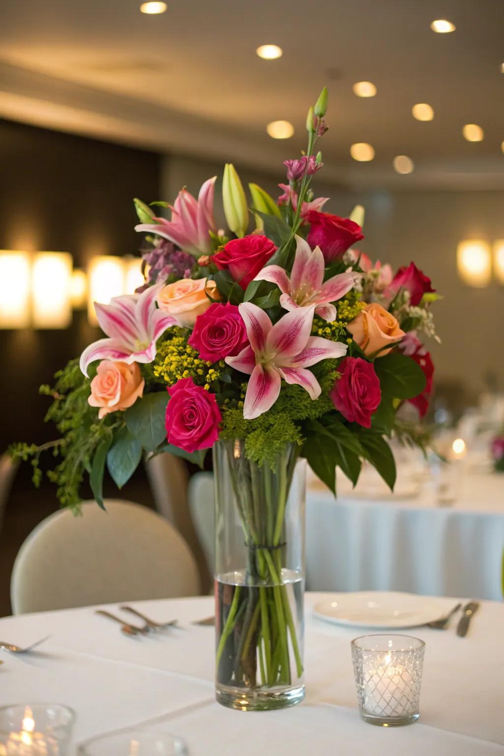 A stunning floral centerpiece adds an elegant touch to an 18th birthday celebration.