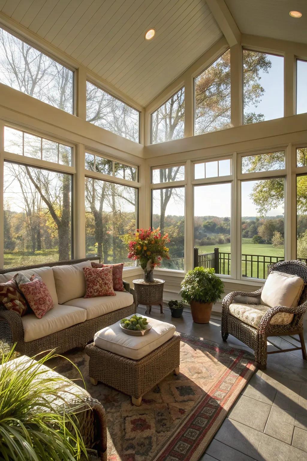 A radiant porch with expansive windows, bathed in natural light.
