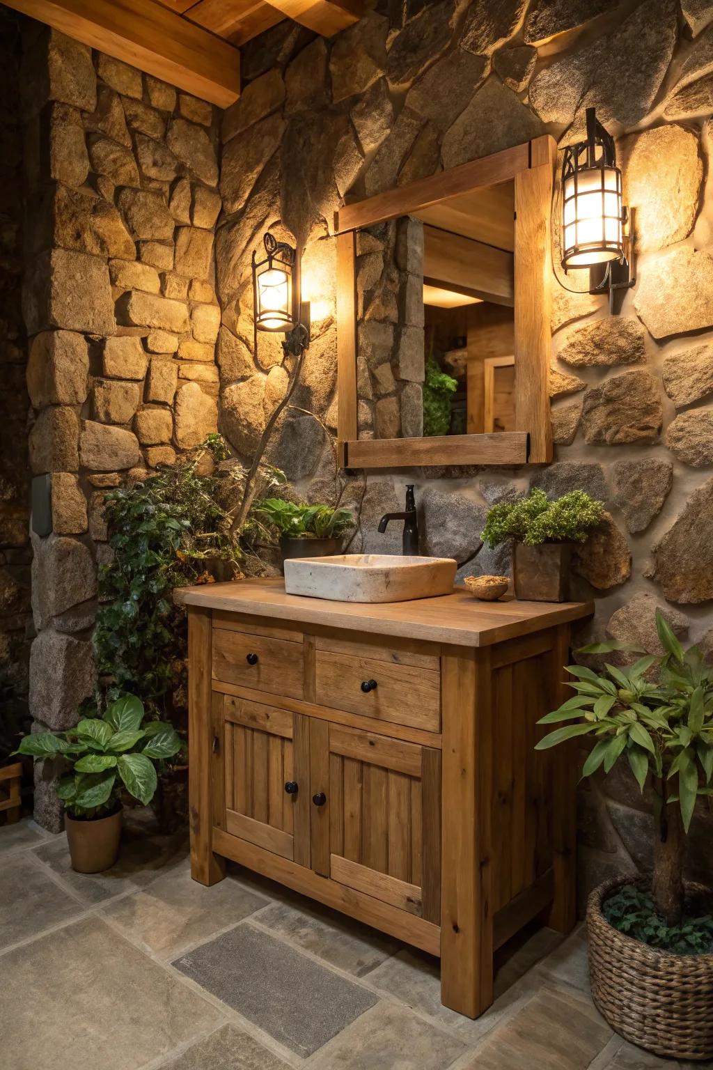 Infuse warmth into your bathroom with a countryside-inspired wooden vanity.