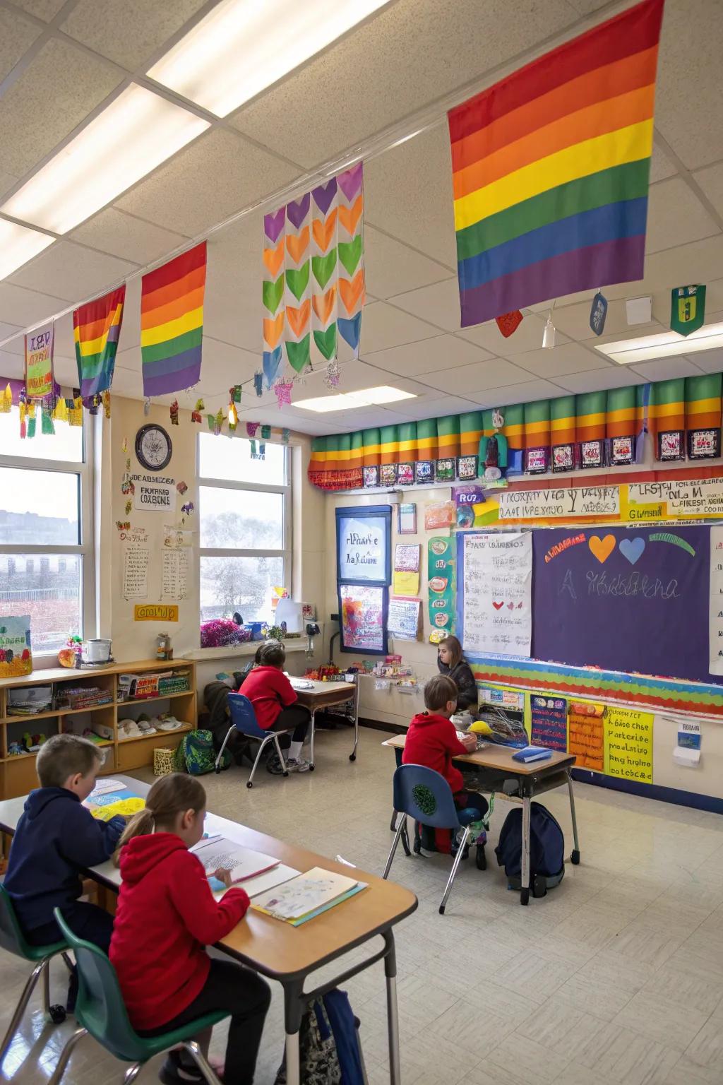 A third-grade classroom radiating a vibrant rainbow theme