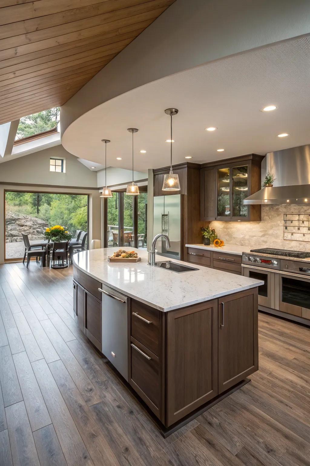 An island at a 45-degree angle enlivens the kitchen’s rhythm and visual charm.