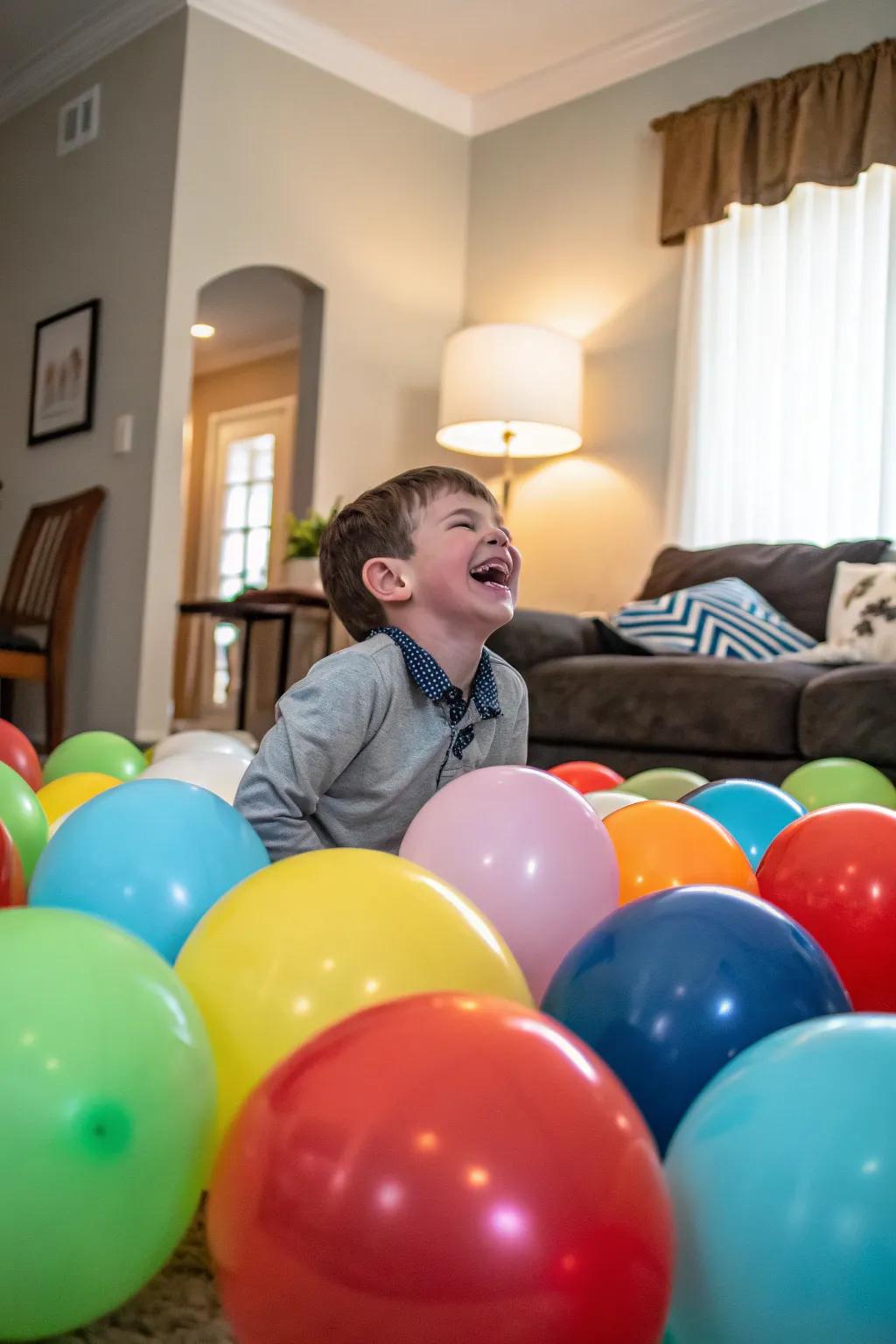 A room brimming with colorful balloons establishes a festive ambiance for birthday snapshots.