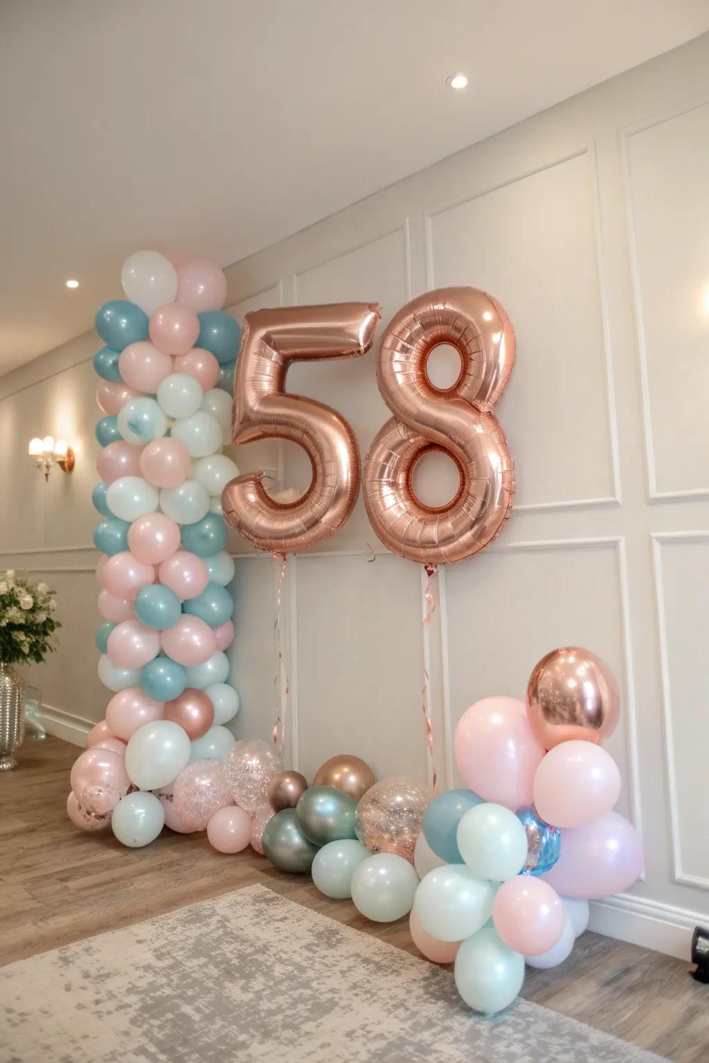 An eye-catching '58' balloon showpiece sets the scene for this special birthday.