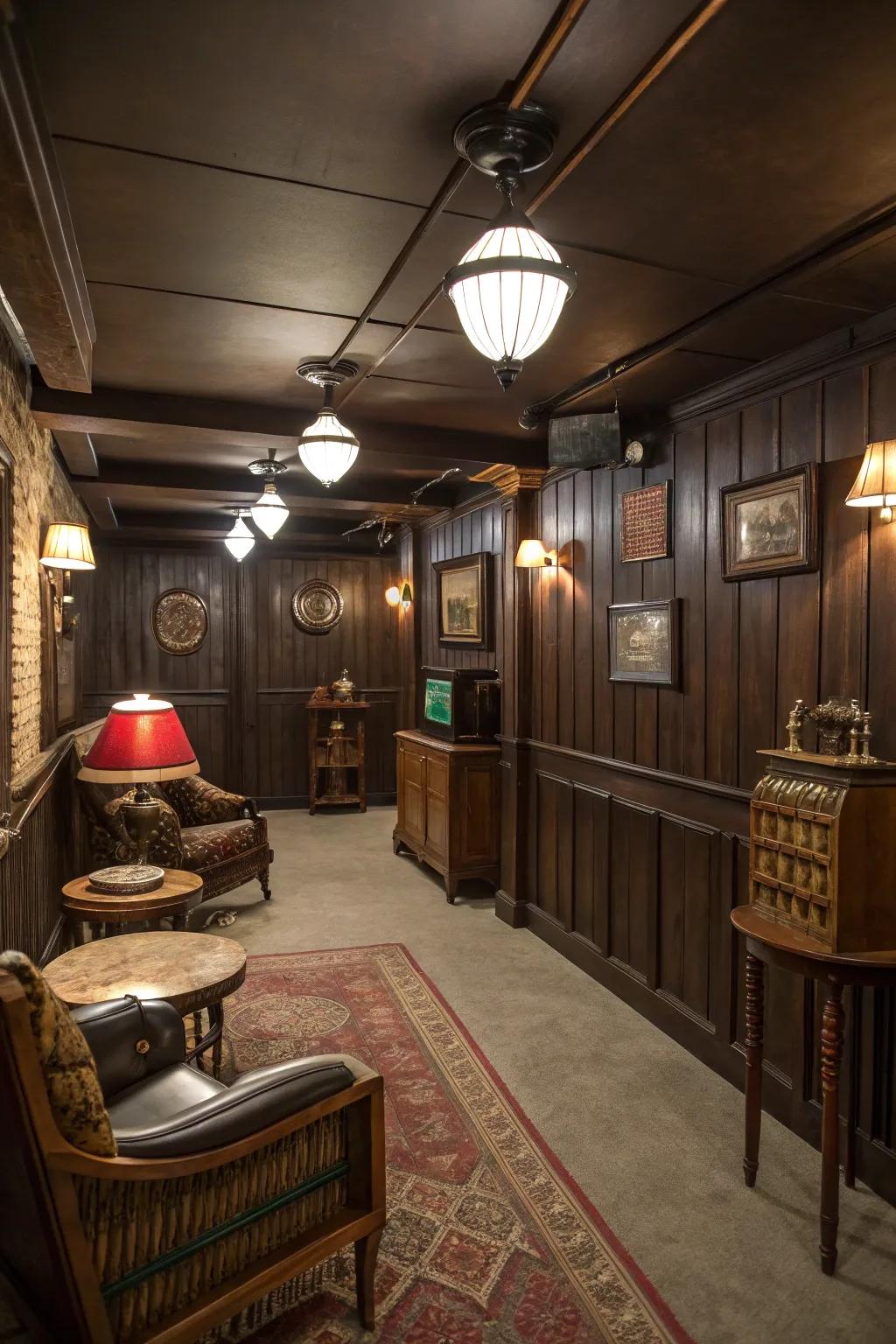 Timber wall finishes pave the way for a '70s-inspired basement.
