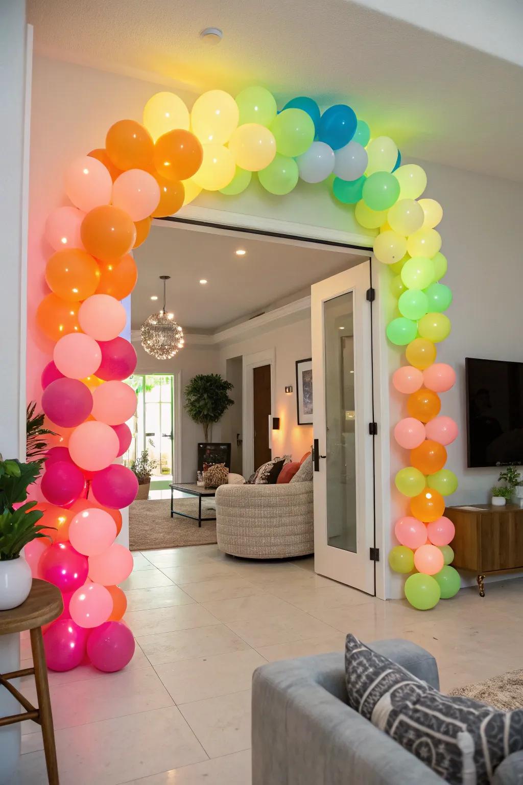 A glowing balloon archway introduces a lively atmosphere for an 80s theme party.