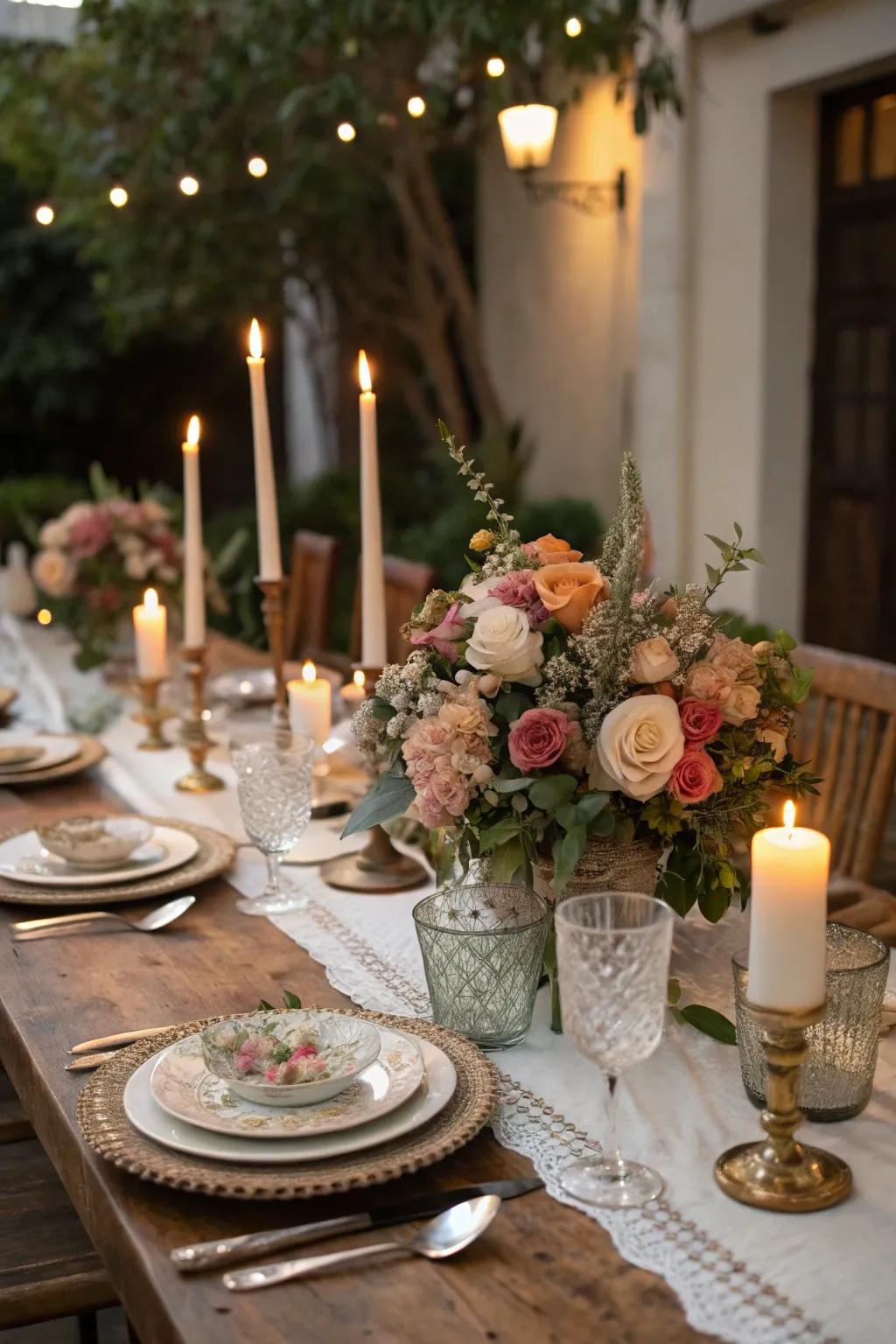 An exquisitely arranged table adorned with flowers and illuminating sticks, ideal for a momentous celebration.