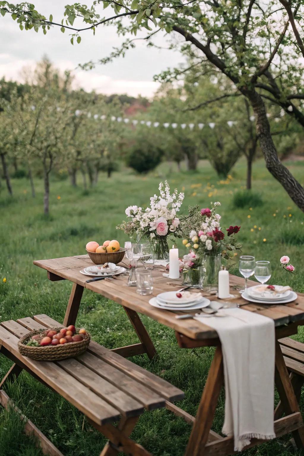 A beautiful dining table within a garden, set up and waiting for visitors.