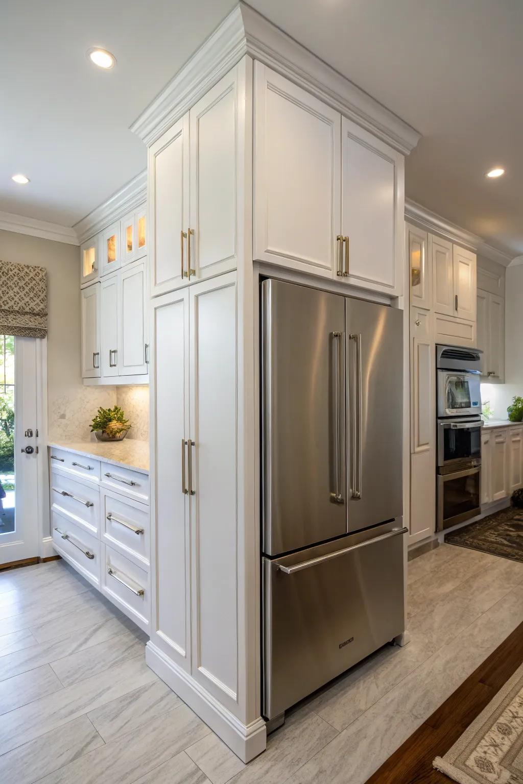 Custom cabinetry delivers a streamlined and fitted appearance above your refrigerator.