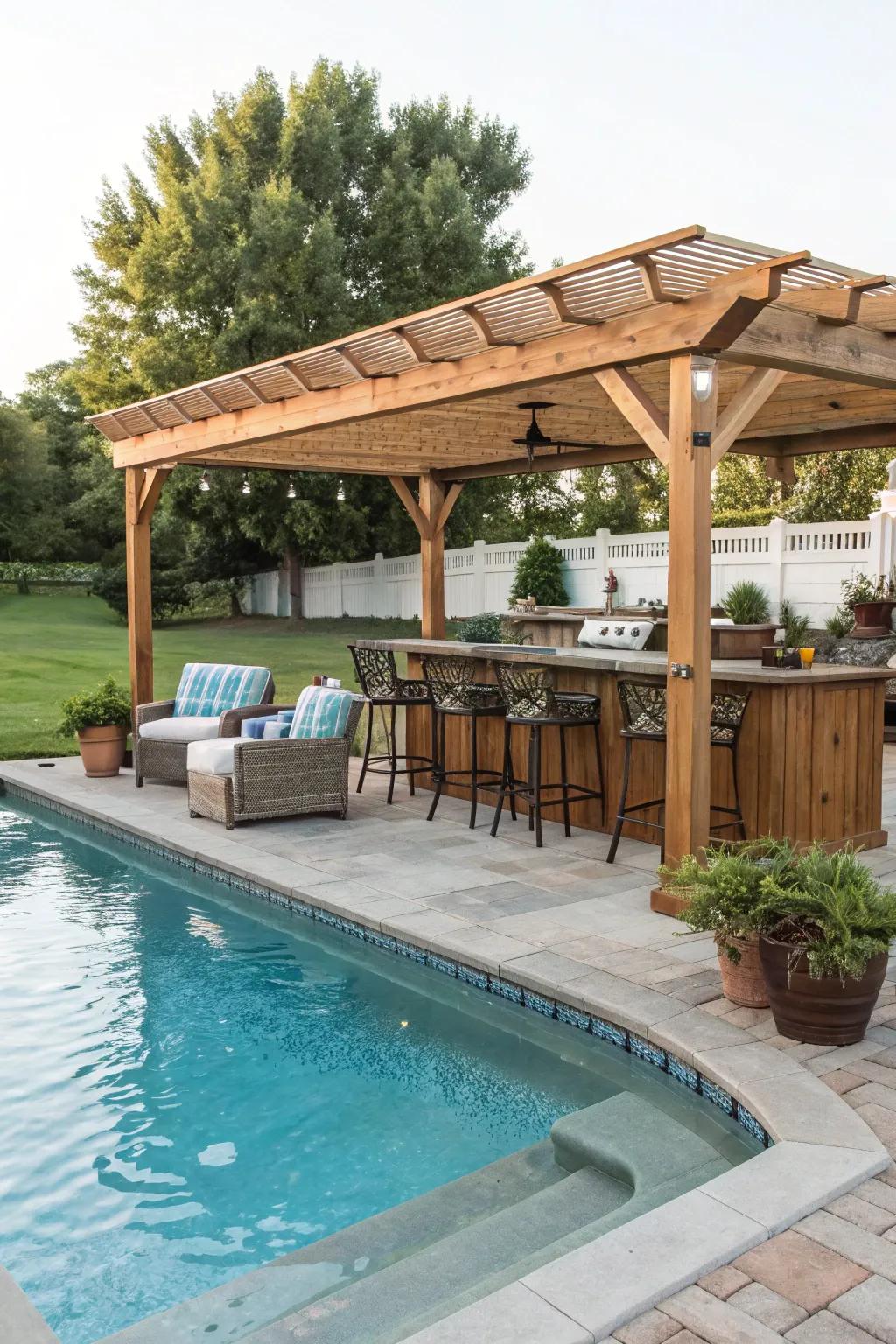 A pergola introduces an element of sophistication and practicality to your pool bar.
