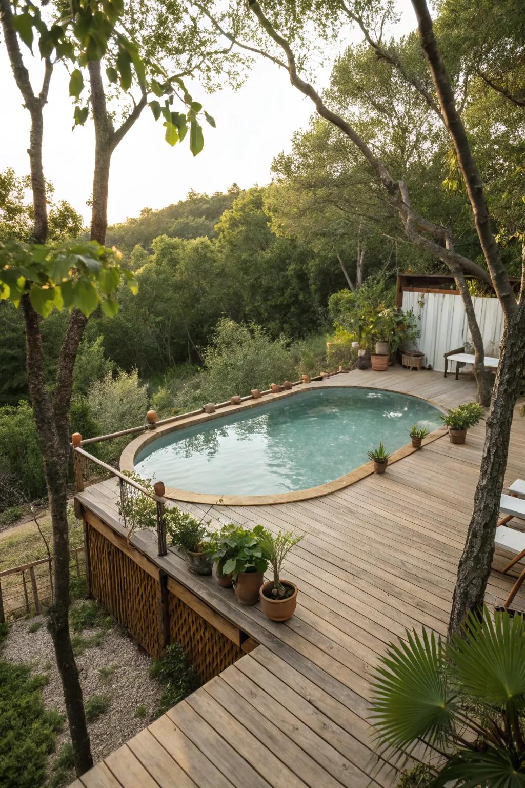 A timber deck introduces warmth and allure to any above-ground pool.
