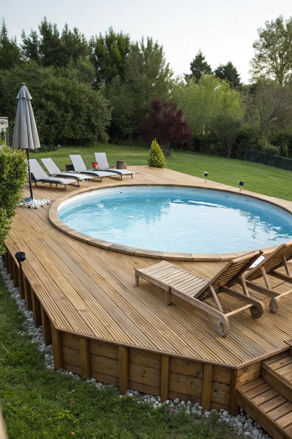 An inviting wood surface introduces sophistication to any pool space.