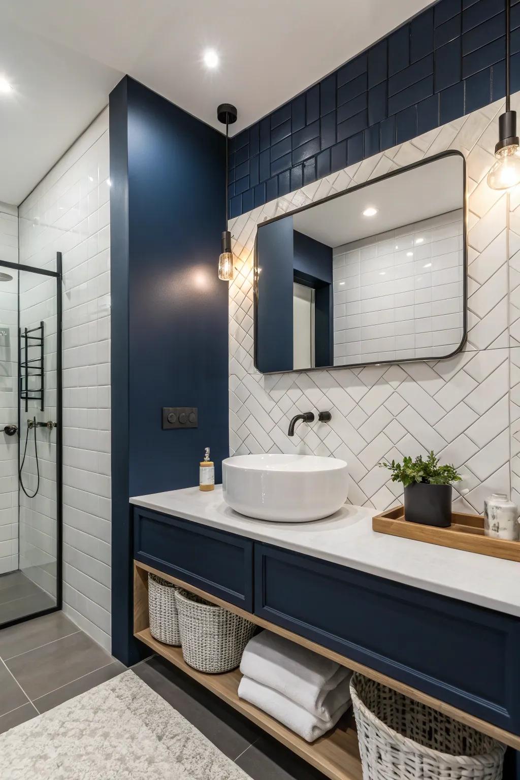 A vividly colored wall enriches the bathroom with dimension and distinctive charm.