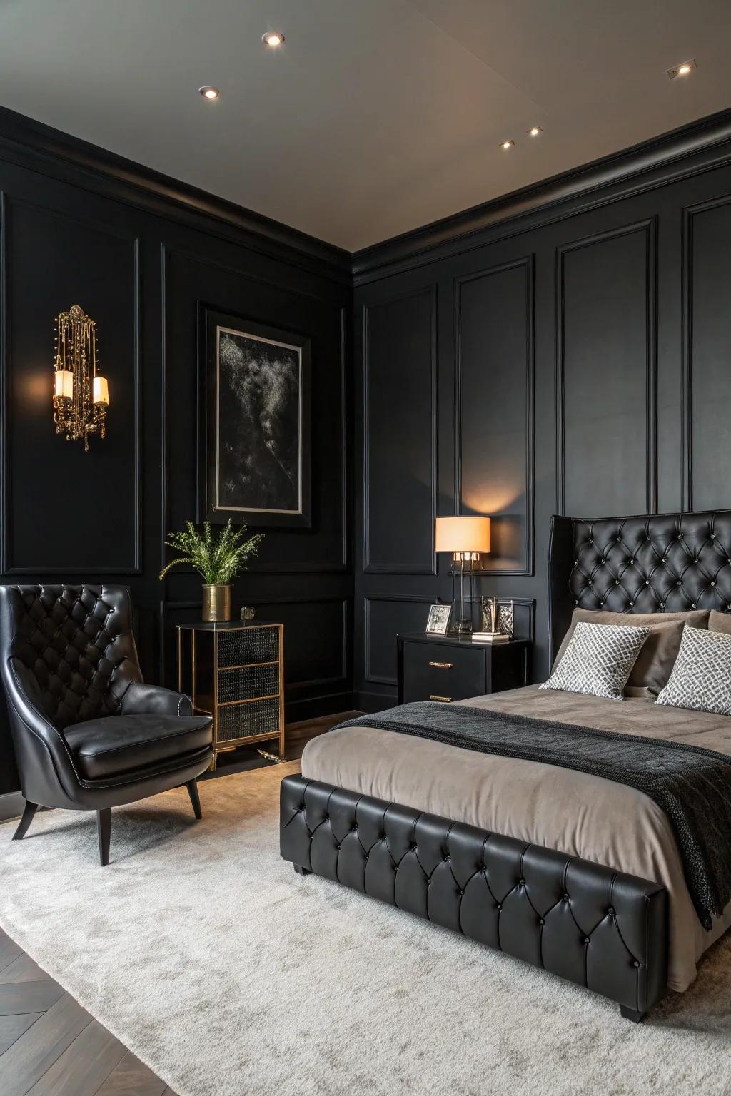 A boudoir showcasing dark-toned partitions and furnishings, embodying a unified shaded assortment of colors.