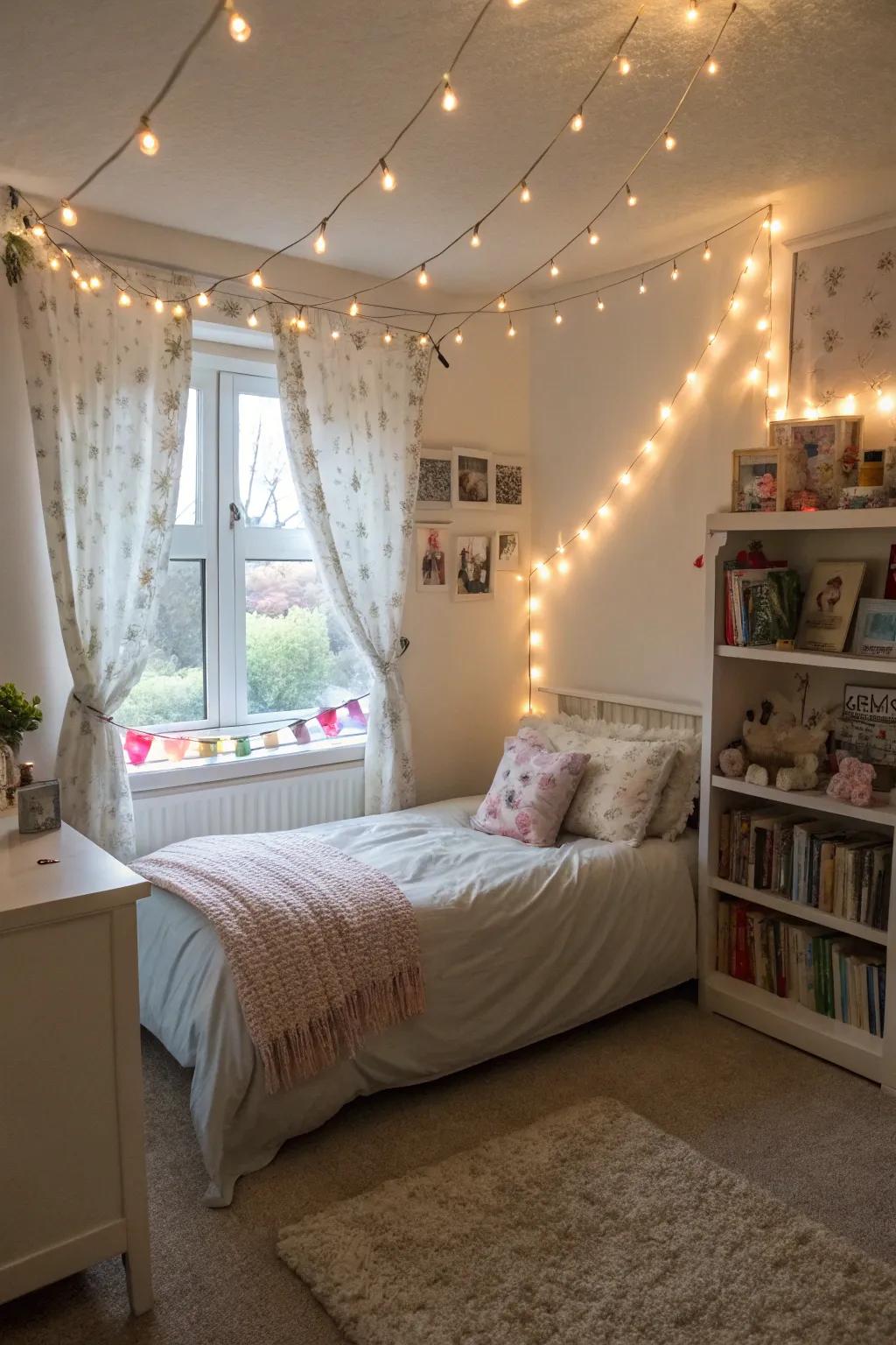 String lights emitting a soft, inviting light in a stylish girl's room.