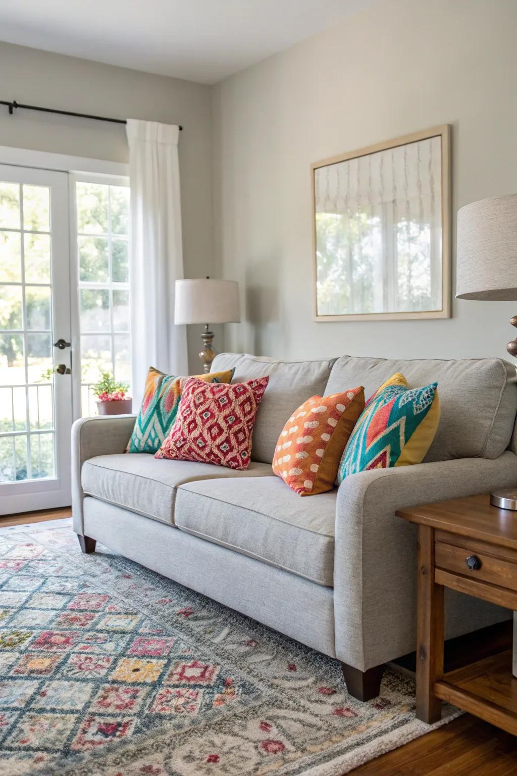 A serene living room featuring a neutral color palette with vibrant accents.