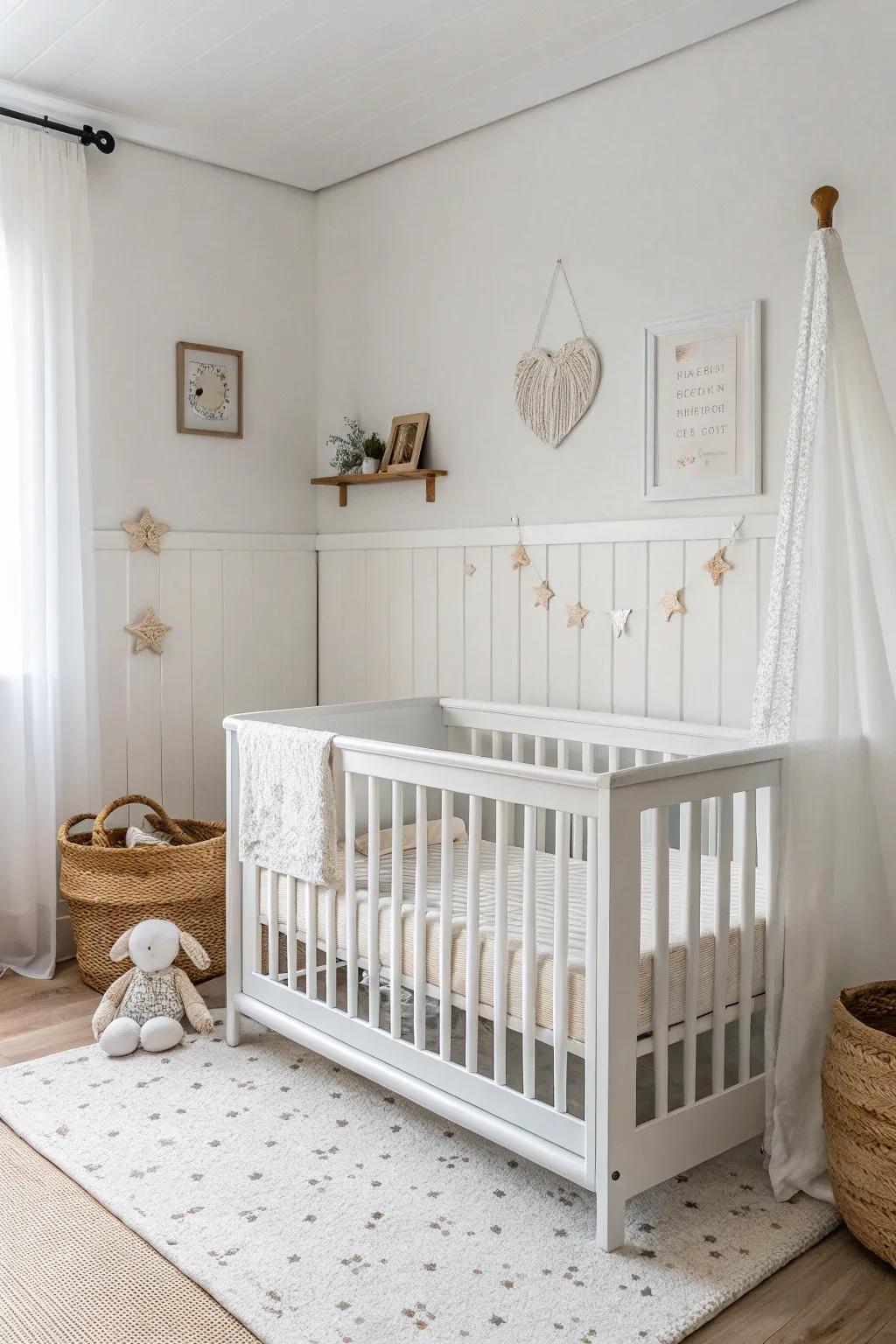 In a minimalist nursery, a white crib serves as the central attraction.