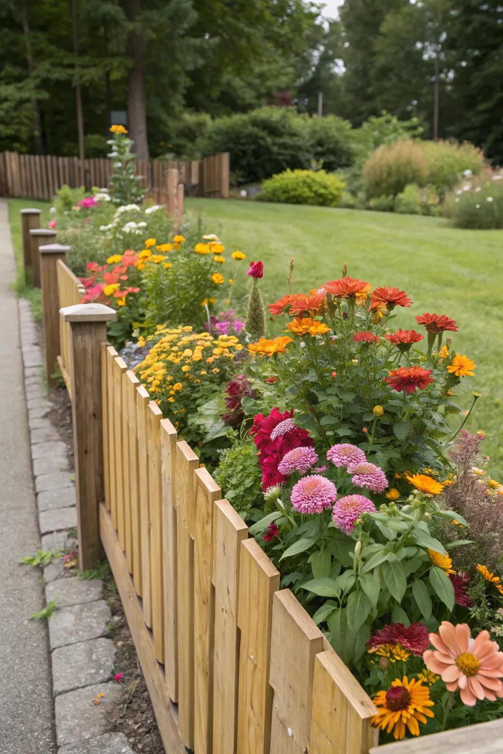 A colorful flower bed beautifully enhances the fence's aesthetic appeal.