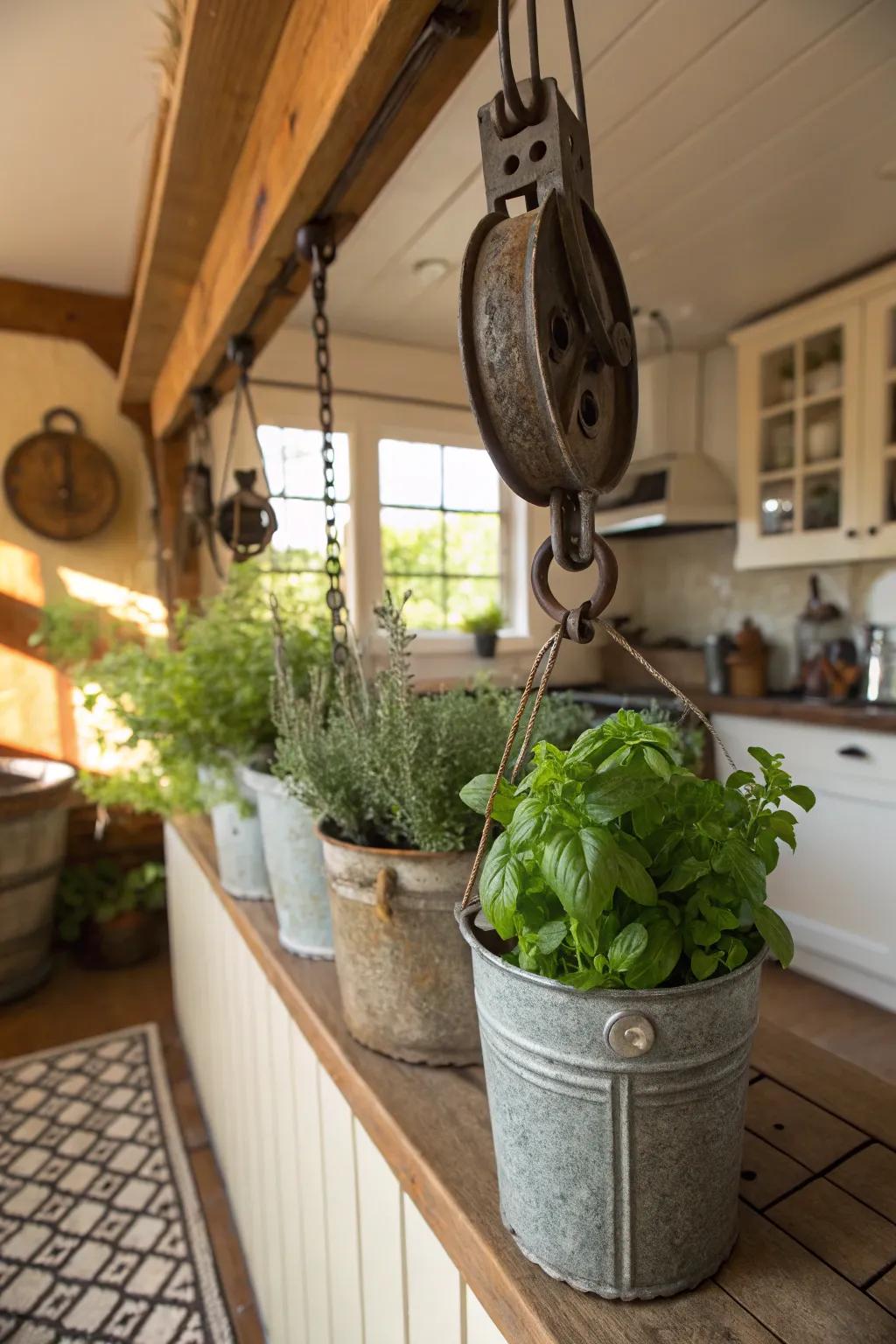 A pulley-assisted herb display adds freshness and flair to the cooking space.