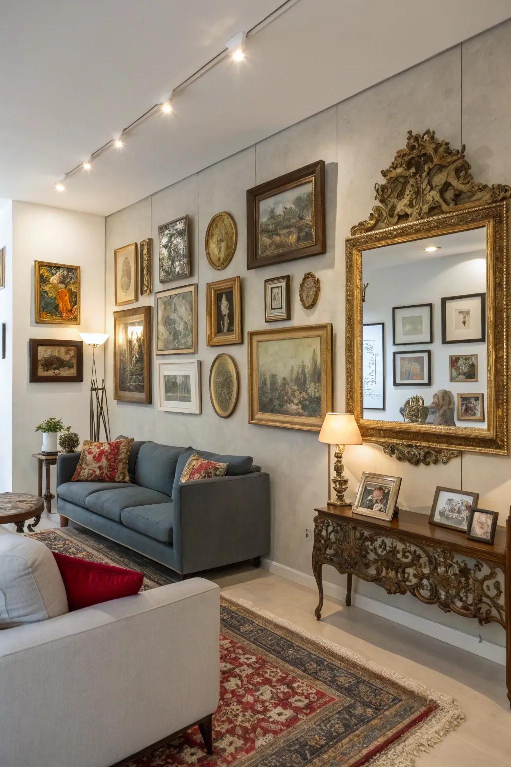 A mesmerizing showcase wall showcasing vintage artwork and mirrors.