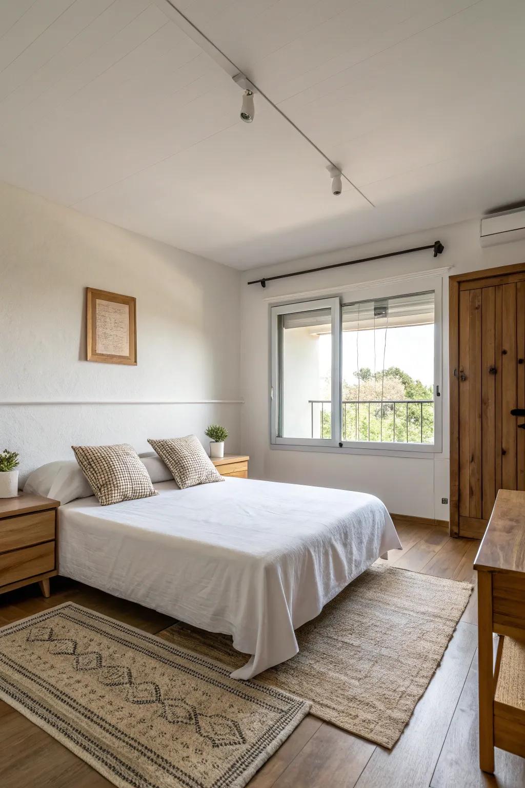 A simple apartment bedroom featuring sharp lines and a clutter-free setting.