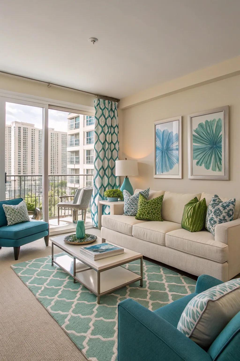 Living area mixing neutral shades with vibrant color pops.