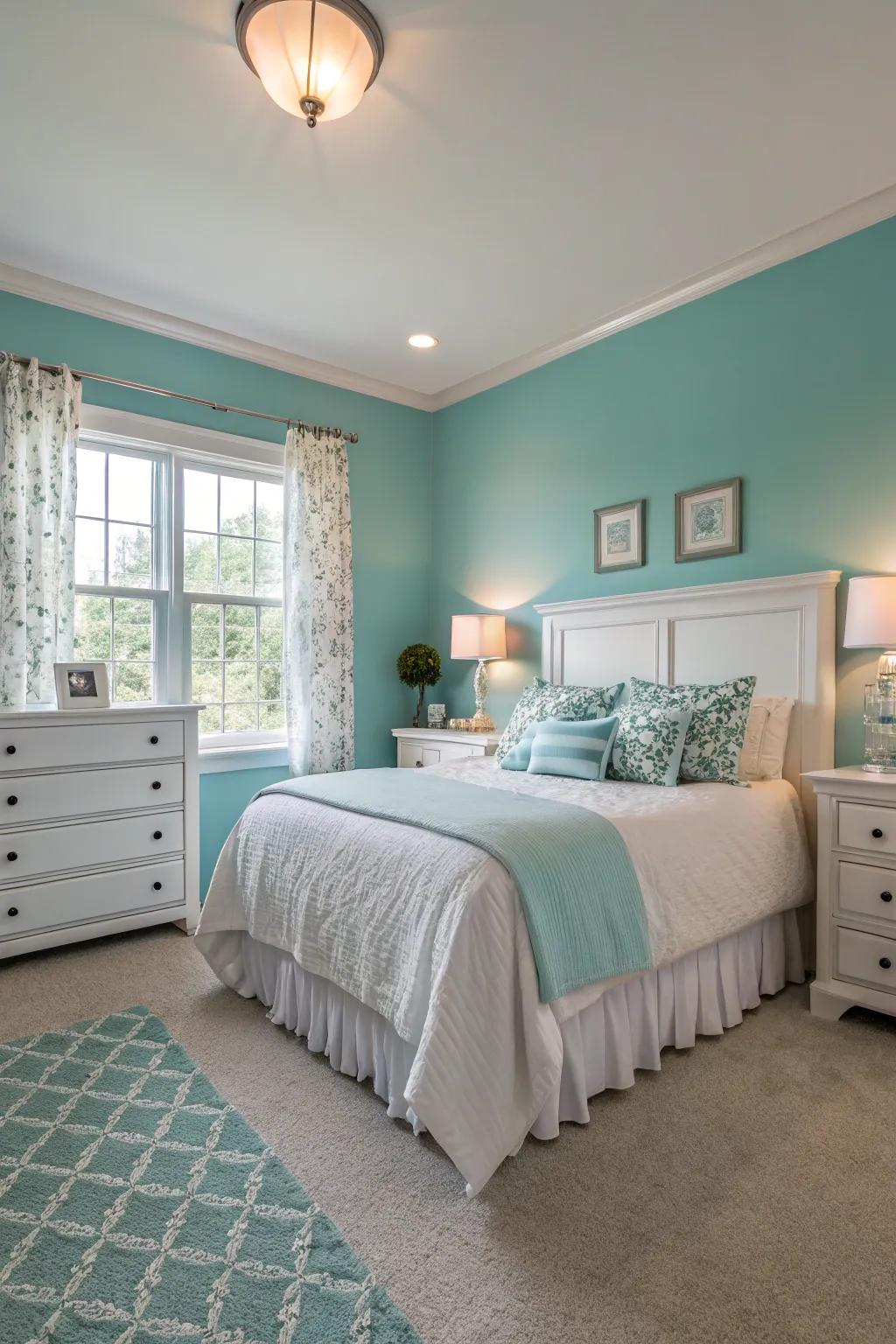 Sky-tinted walls set a peaceful bedroom atmosphere.