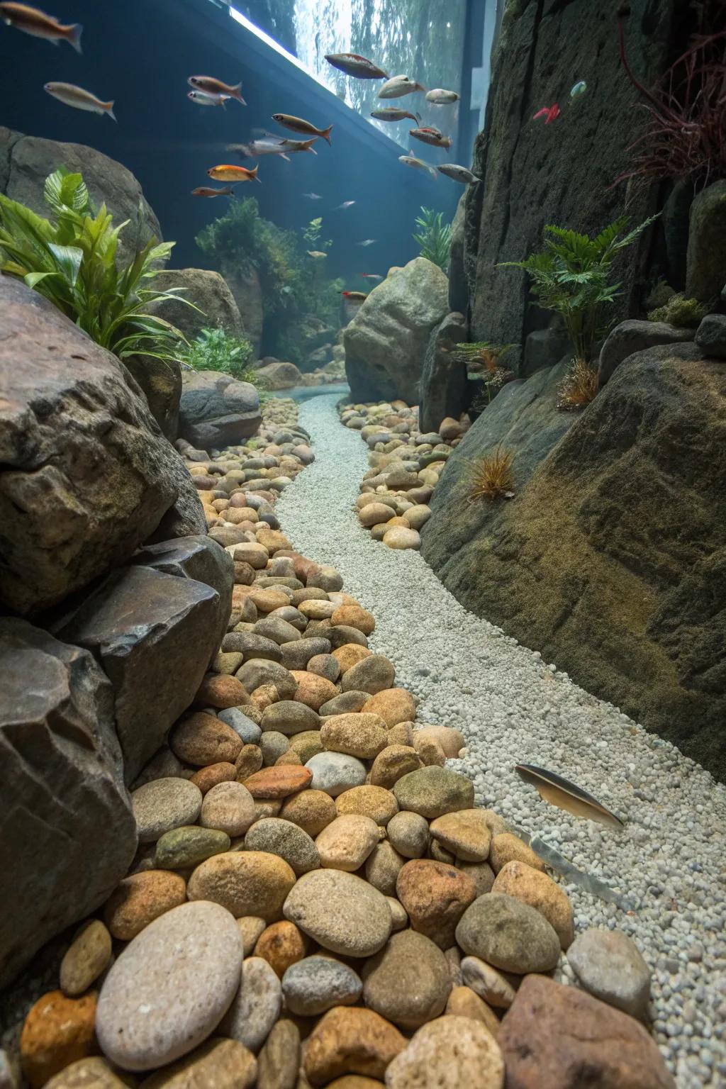 Natural stones arranged to evoke a serene riverbed.