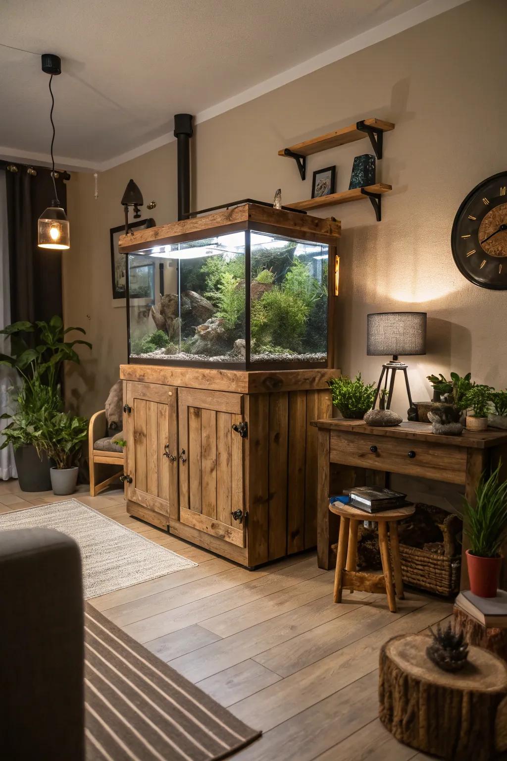 A country wooden stand exudes a cozy ambiance to any area.