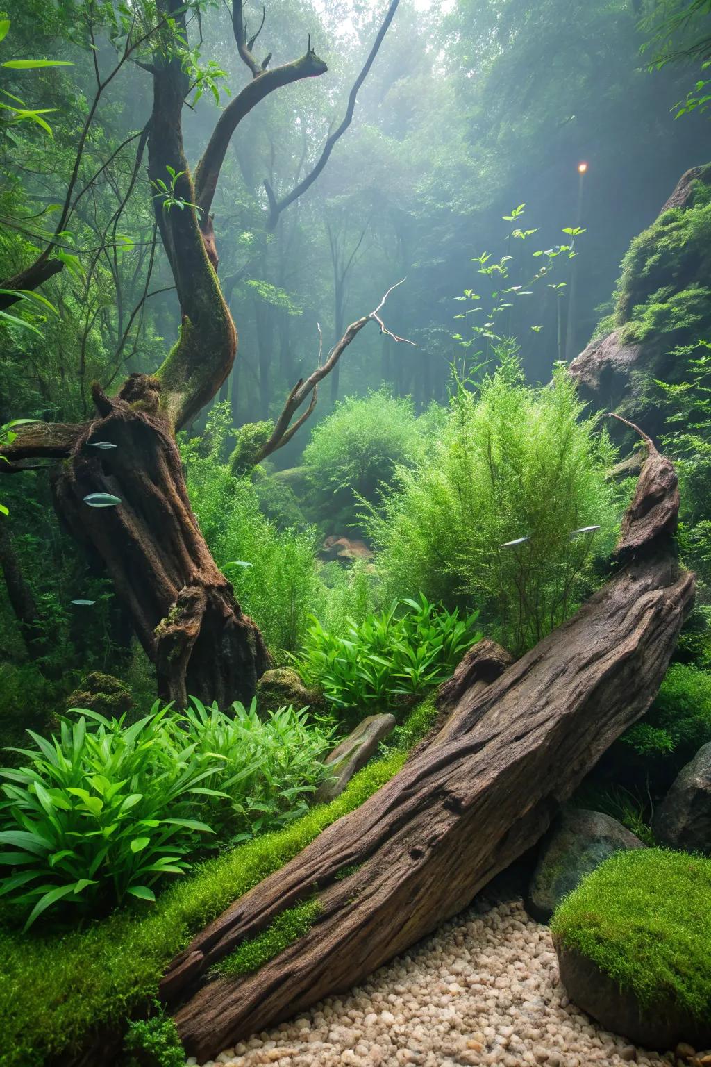 Craft a natural oasis using lush greenery and driftwood.