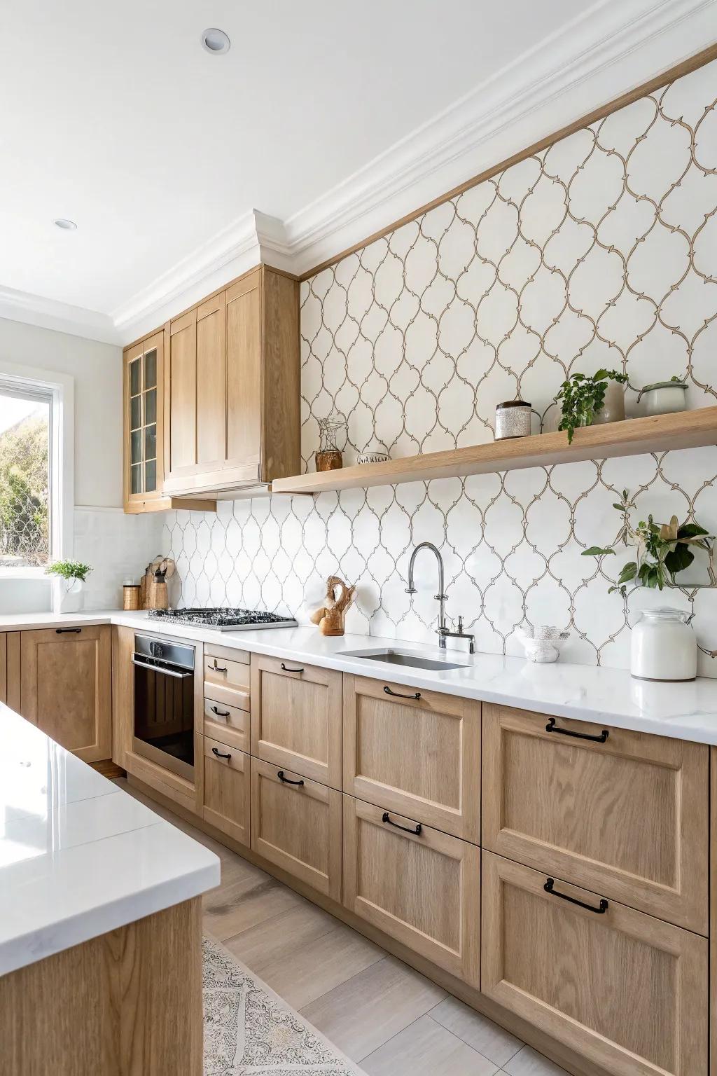 A conventional kitchen showcases a white arabesque tile backsplash, radiating a peaceful, timeless ambiance.