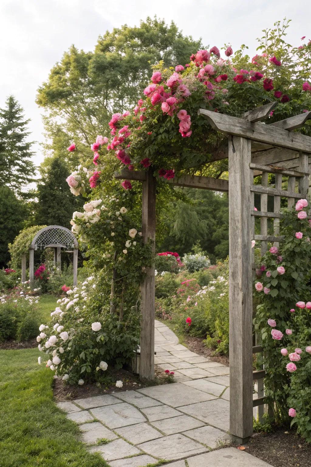 An ageless wooden arbor secured in lively climbing roses.