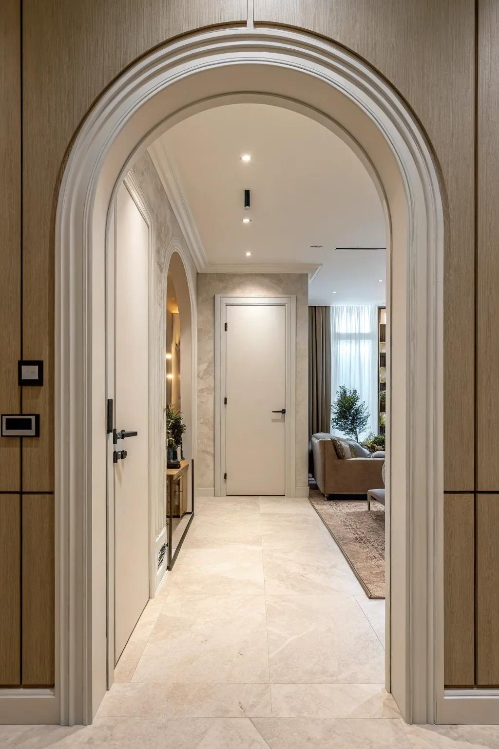 A simple archway entrance amplifying the clarity of a modern interior.
