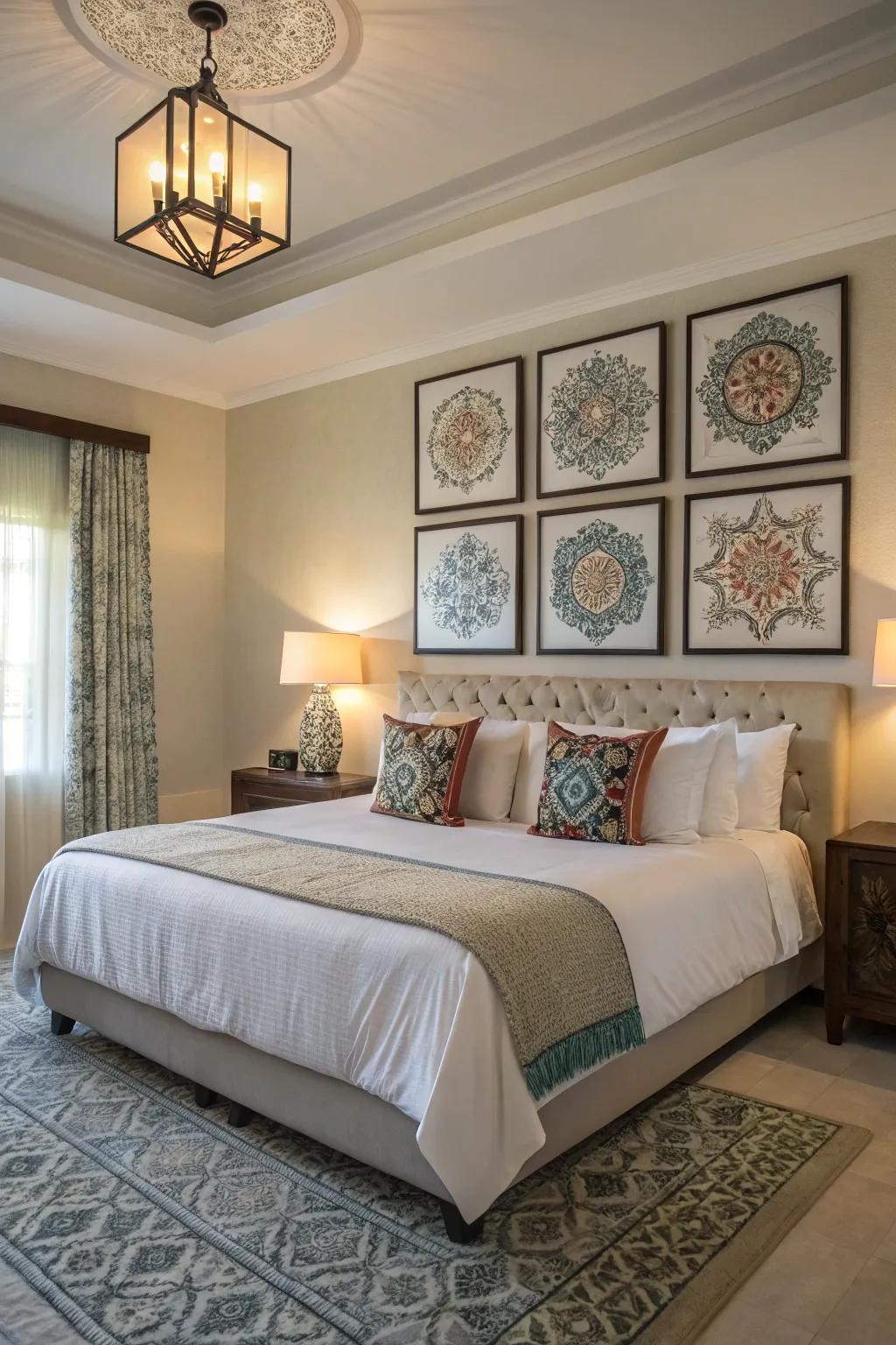 Discover tranquility with art placed symmetrically above your bed.