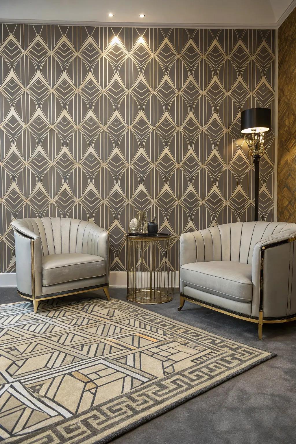 A space showcasing prominent geometric designs emblematic of Art Deco.