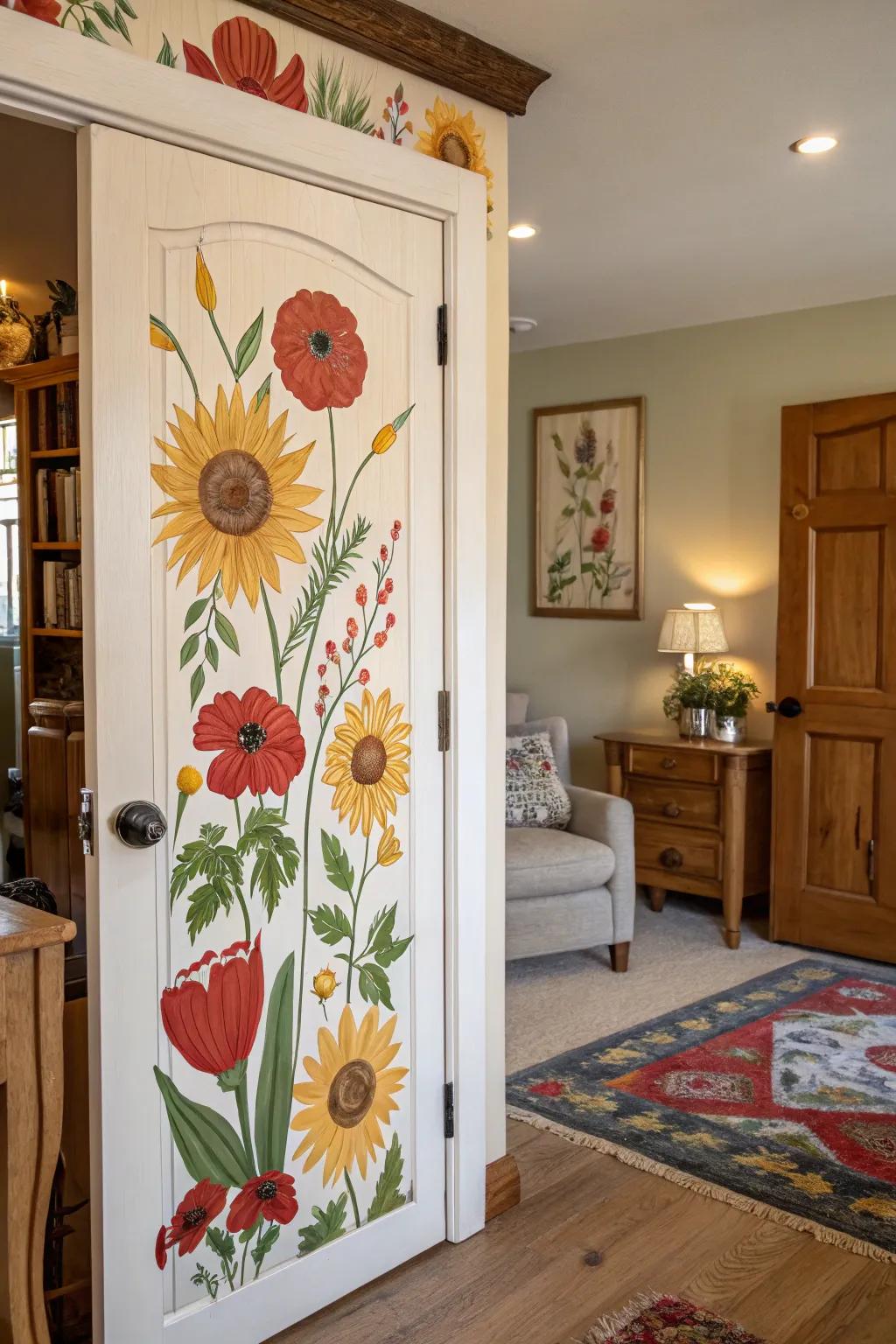A door transformed into a floral masterpiece with vibrant sunflowers and poppies.