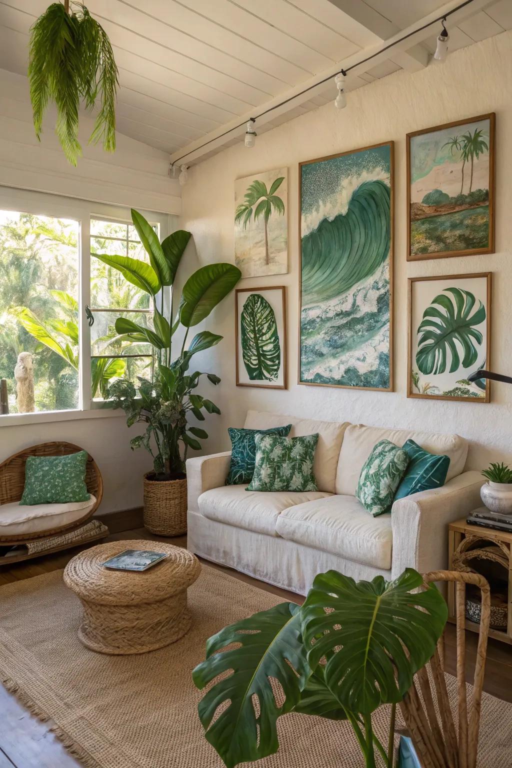 A living area revitalized with artworks inspired by the natural world.