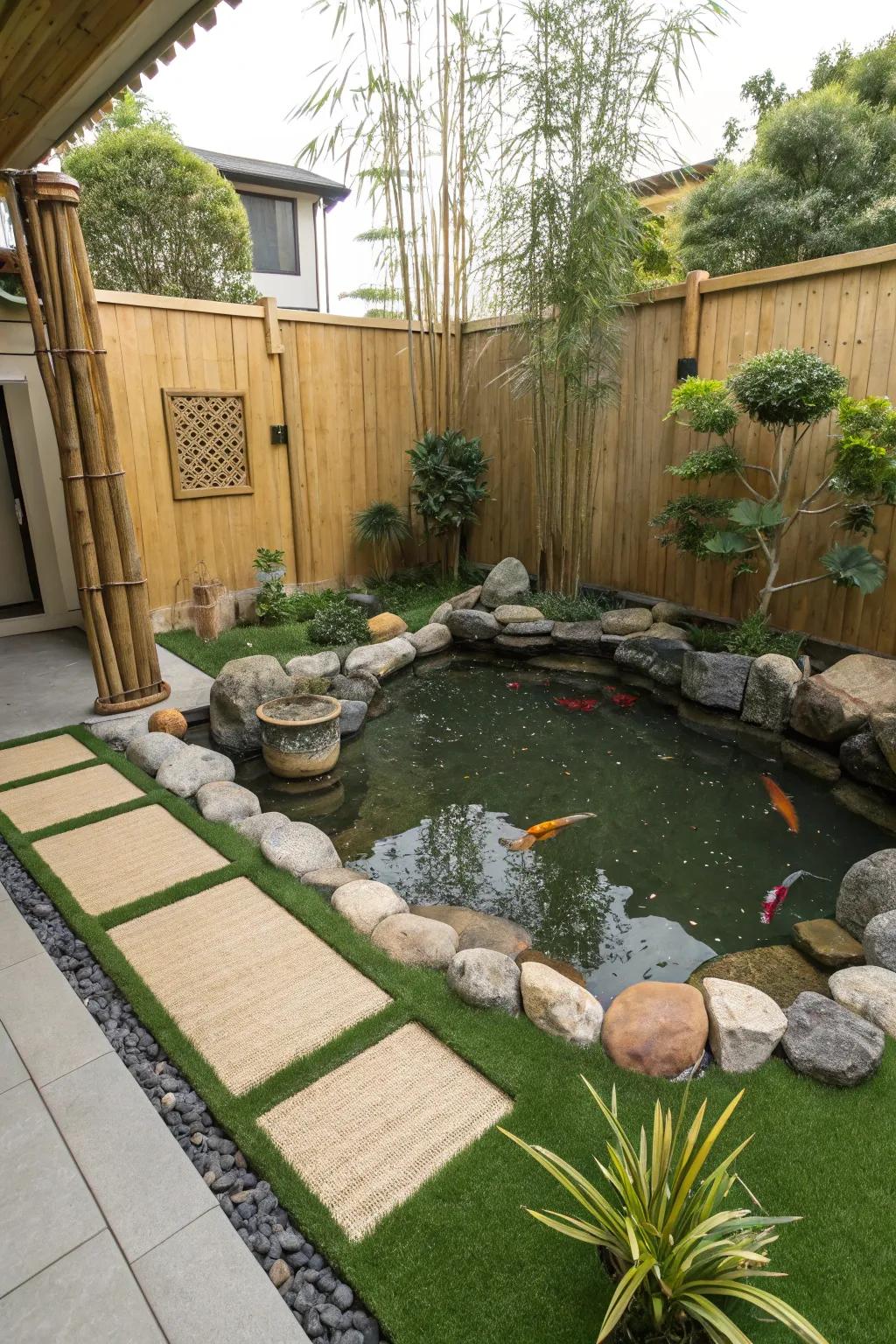 Achieve tranquility in your own Zen garden with easy-care synthetic lawn.
