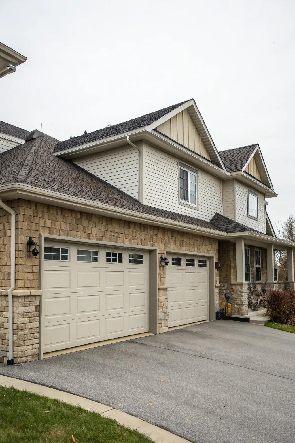 A garage designed as a mirror image of the house’s architectural style for a cohesive feel.