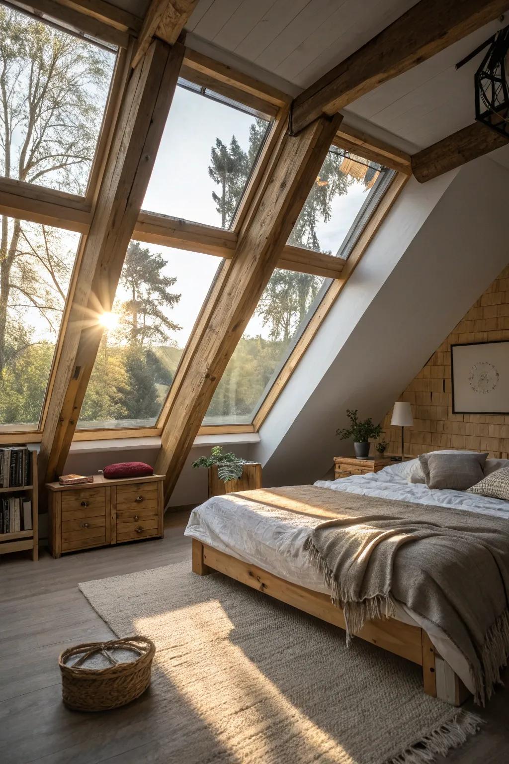 Warm natural light streams through overhead windows, brightening your attic bedroom.