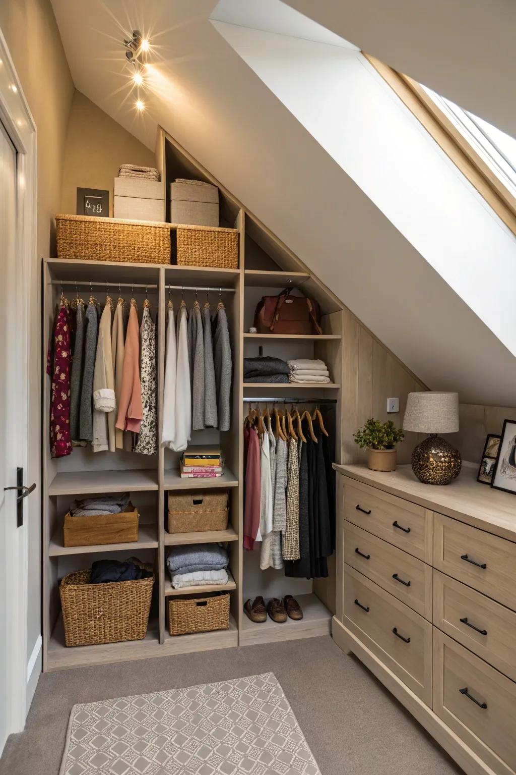 Make use of sloping ceilings for creative shelving configurations.