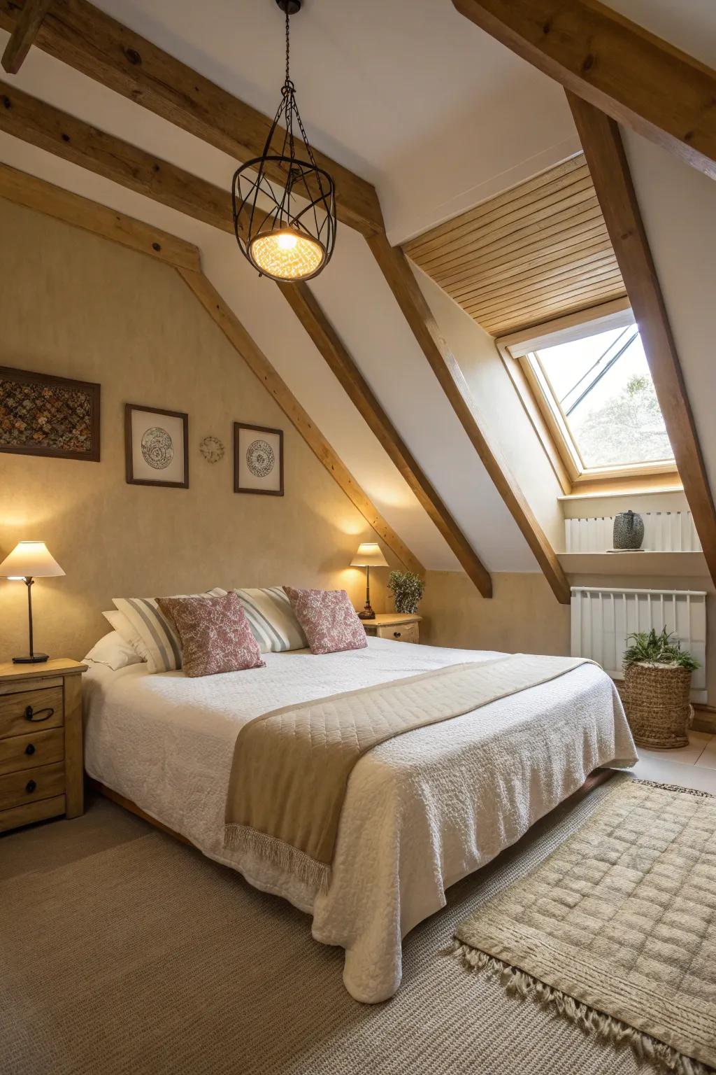 Make use of angled ceilings to fashion an inviting sleeping space.