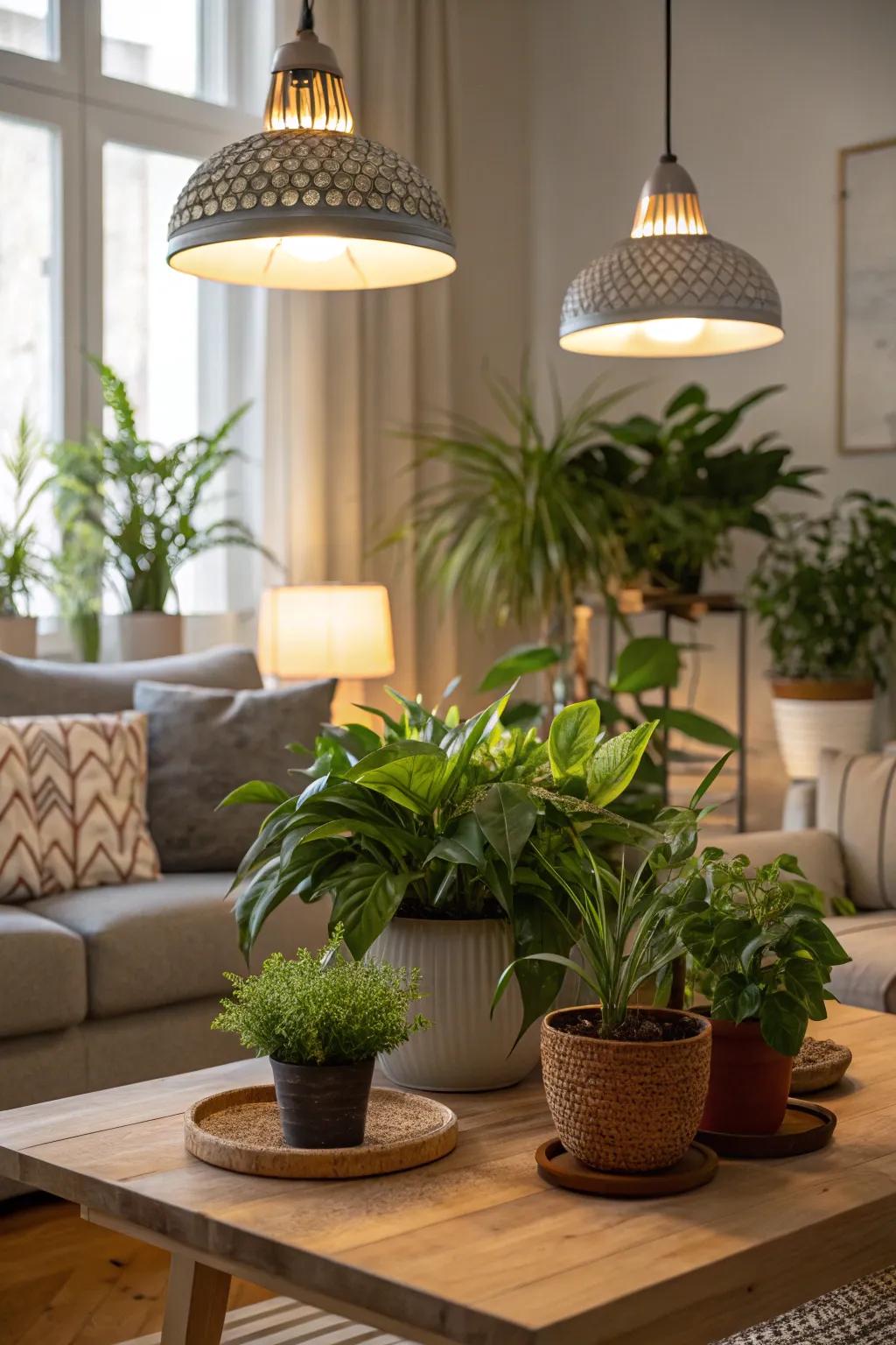 Hanging grow lights gracefully lighting up a diverse collection of indoor plants.