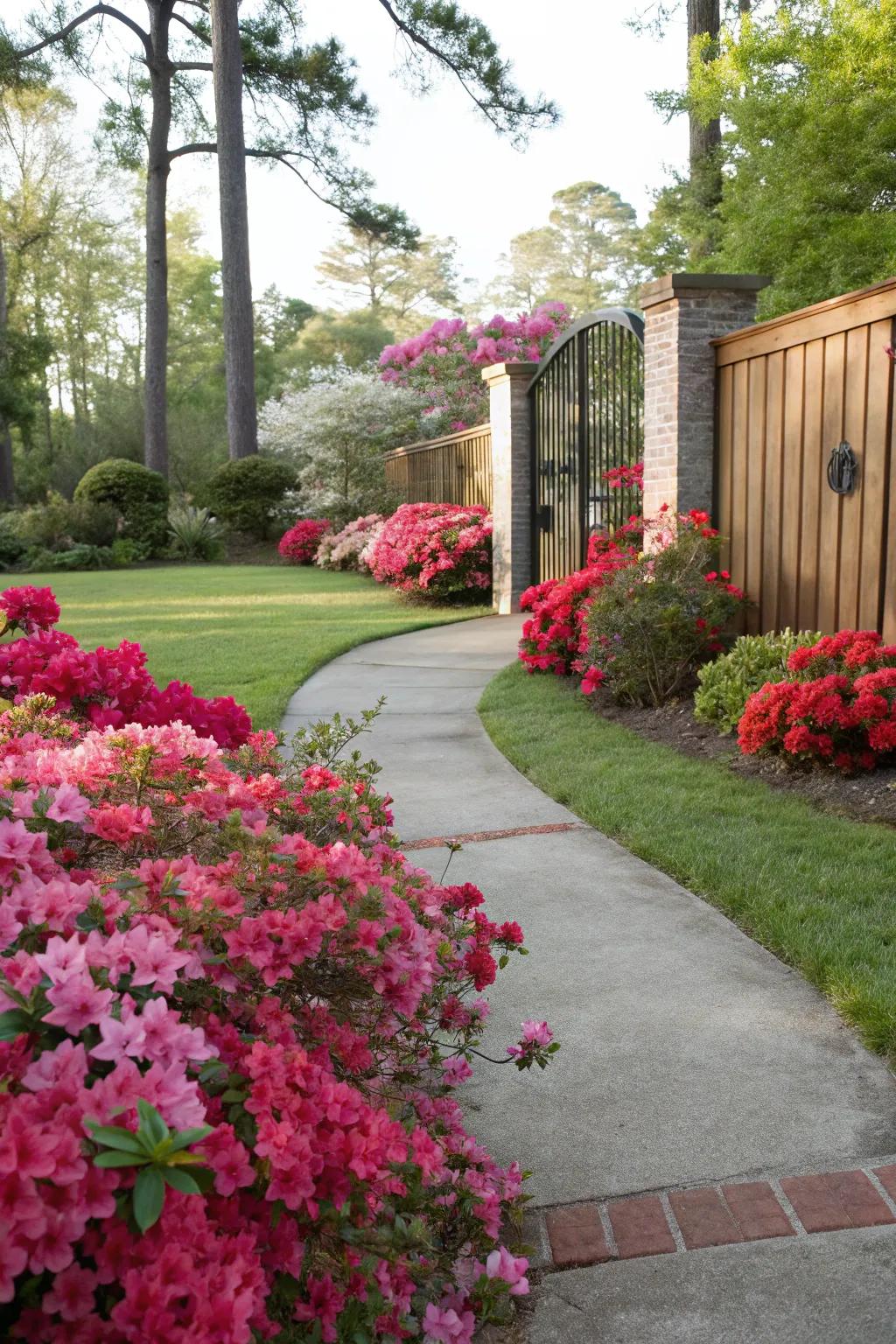 A vibrant walkway bordered with azaleas, crafting an inviting entrance.