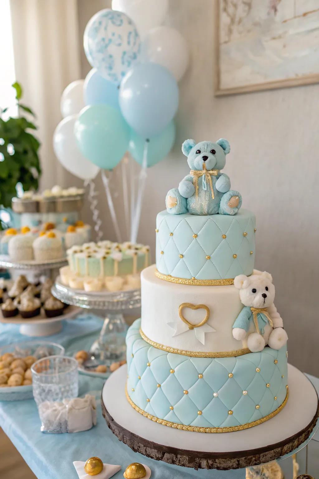 A baby shower cake decorated with sweet teddy bears.