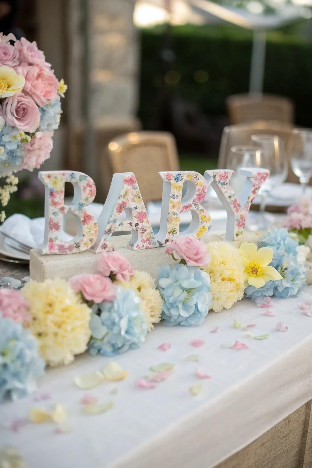 Floral letters gracefully spell 'BABY', injecting a fun vibe.