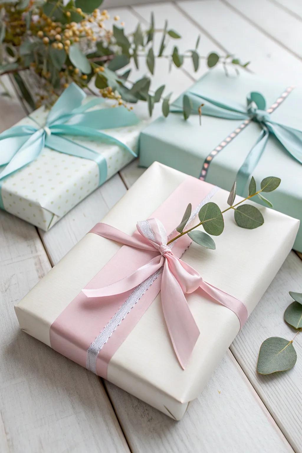 Gentle Hues: A gift packaged with affection and simplicity for a captivating baby shower treat.